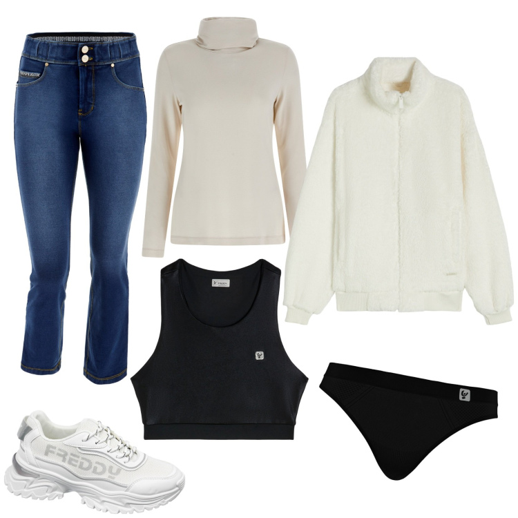 Outfit donna - Freddy per tutti i giorni. Stile Urban per Tutti i giorni. Abbinamento con top, perizomi, pantaloni, maglieria, sneakers, blazer.