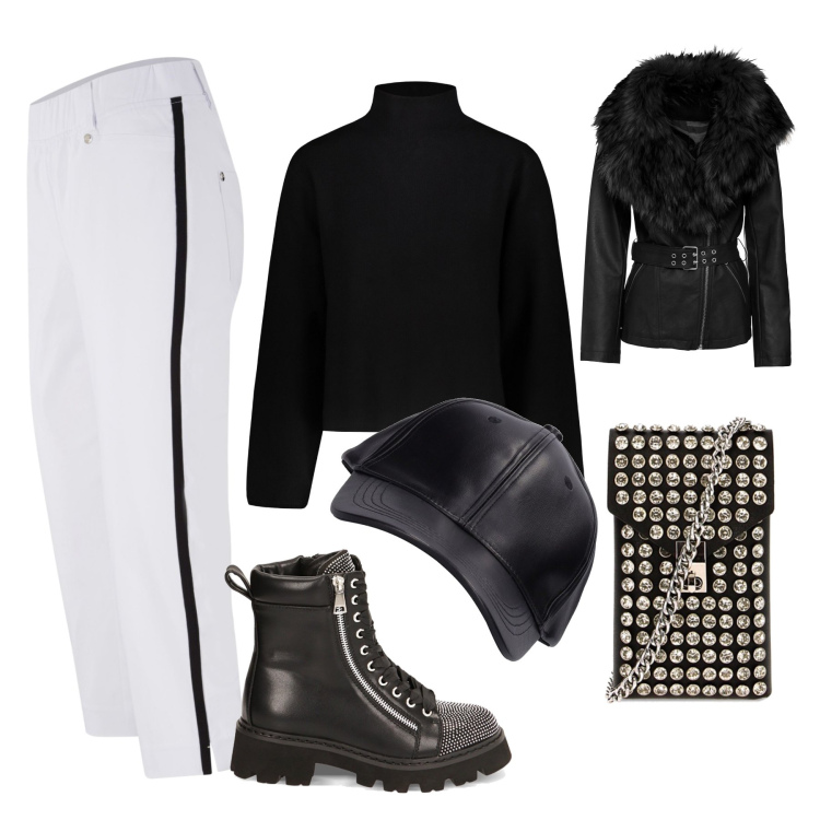 Outfit donna - Black and White total look. Stile Trendy per Tutti i giorni. Abbinamento con pantaloni, blazer, anfibi, borse a spalla, maglieria, cappelli.
