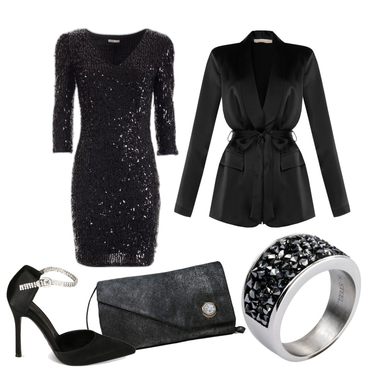 Outfit donna - Décolleté e minibag al party. Stile Glamour per Cerimonia. Abbinamento con anelli, borse a spalla, cappotti, vestiti corti, décolleté.