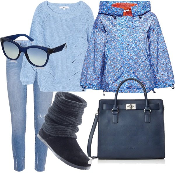 Outfit donna - Che vento!. Stile Urban per Tutti i giorni. Abbinamento con stivali, giacca blu, felpa con scollo blu, borsa a mano taglia unica, occhiali da sole blu, jeans skinny blu.