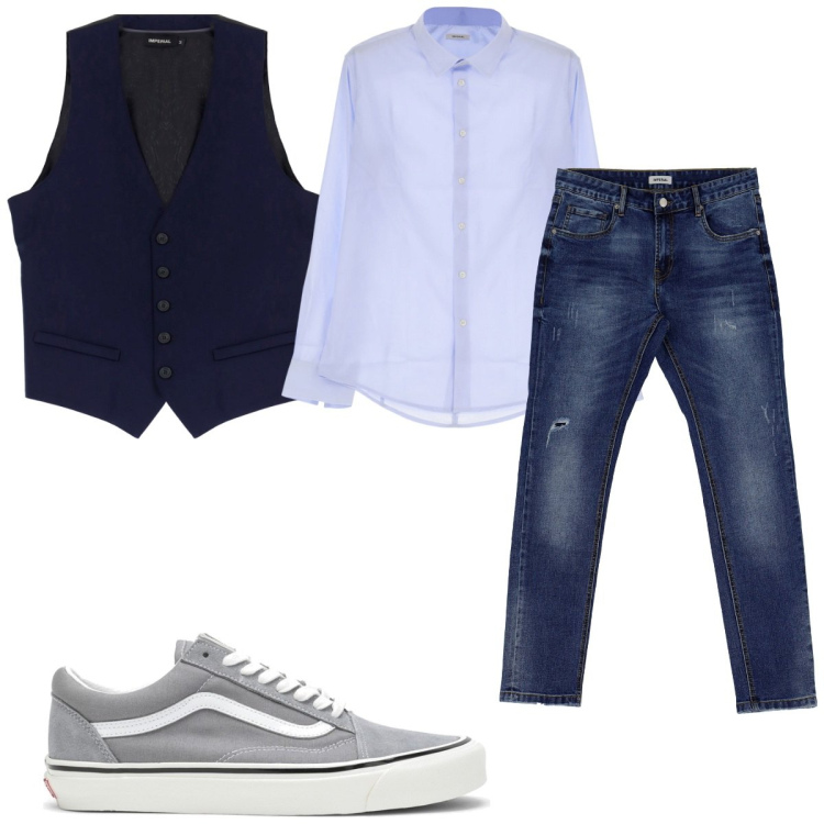 Outfit uomo - Total look #1792583. Stile Casual per Tutti i giorni. Abbinamento con camicie, jeans slim fit, gilet, sneakers.