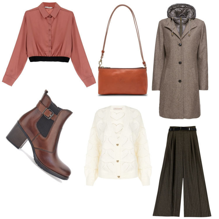 Outfit donna - Serata romantica. Stile Romantica per Serata fuori. Abbinamento con cappotti, cardigans, camicie, pantaloni, borse a spalla, stivaletti.