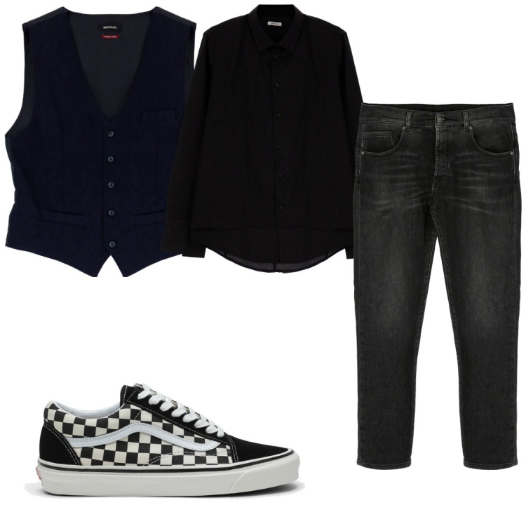 Outfit uomo - Total look #1792599. Stile Trendy per Tutti i giorni. Abbinamento con camicie, jeans dritti, gilet, sneakers.