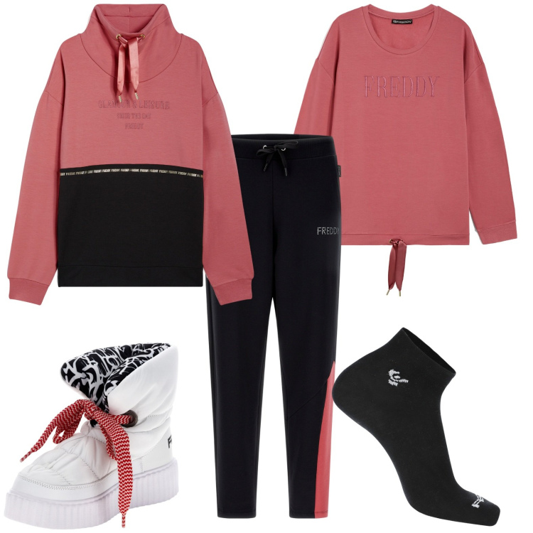 Outfit donna - Freddy saldi. Stile Casual per Tutti i giorni. Abbinamento con stivali sopra il ginocchio, calzini, pantaloni, felpe, felpe.