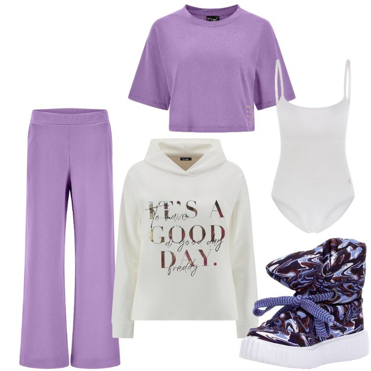 Outfit donna - It\'s a good day!. Stile Urban per Tutti i giorni. Abbinamento con body, stivali, pantaloni a palazzo, felpe con cappuccio, t-shirt.