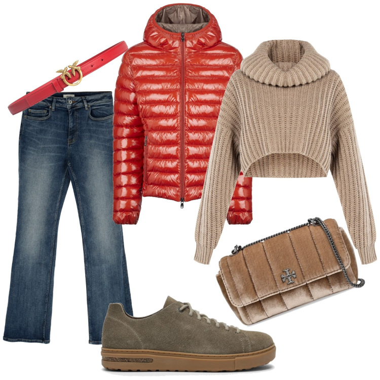 Outfit donna - I colori dell\' inverno. Stile Urban per Tutti i giorni. Abbinamento con cinture, maglieria, jeans dritti, blazer, sneakers, borse a spalla.