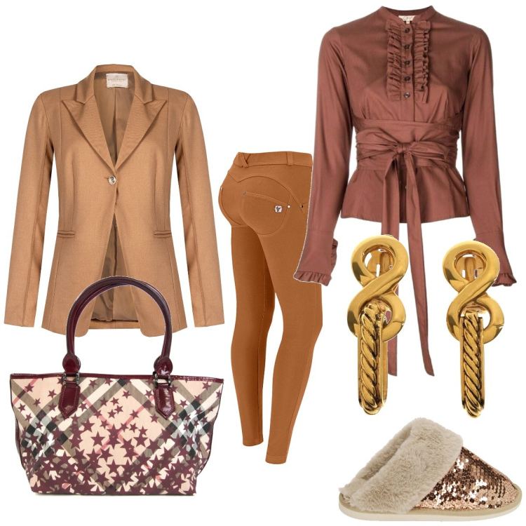 Outfit donna - Happy. Stile Casual chic per Tutti i giorni. Abbinamento con bluse, borse a spalla, orecchini, blazer, pantaloni skinny, pantofole.
