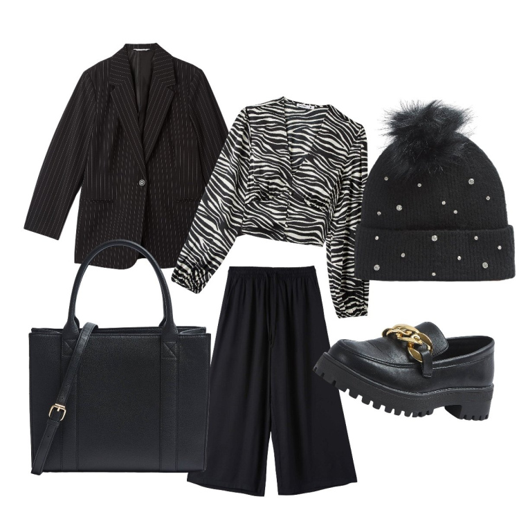 Outfit donna - Urban. Stile Casual chic per Tutti i giorni. Abbinamento con pantaloni a palazzo, bluse, berretti, mocassini, blazer, shopping bag.
