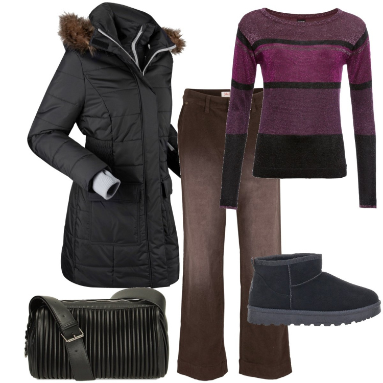 Outfit donna - Pieno inverno. Stile Basic per Tutti i giorni. Abbinamento con maglieria, pantaloni, cappotti, borse a spalla, stivali da neve.