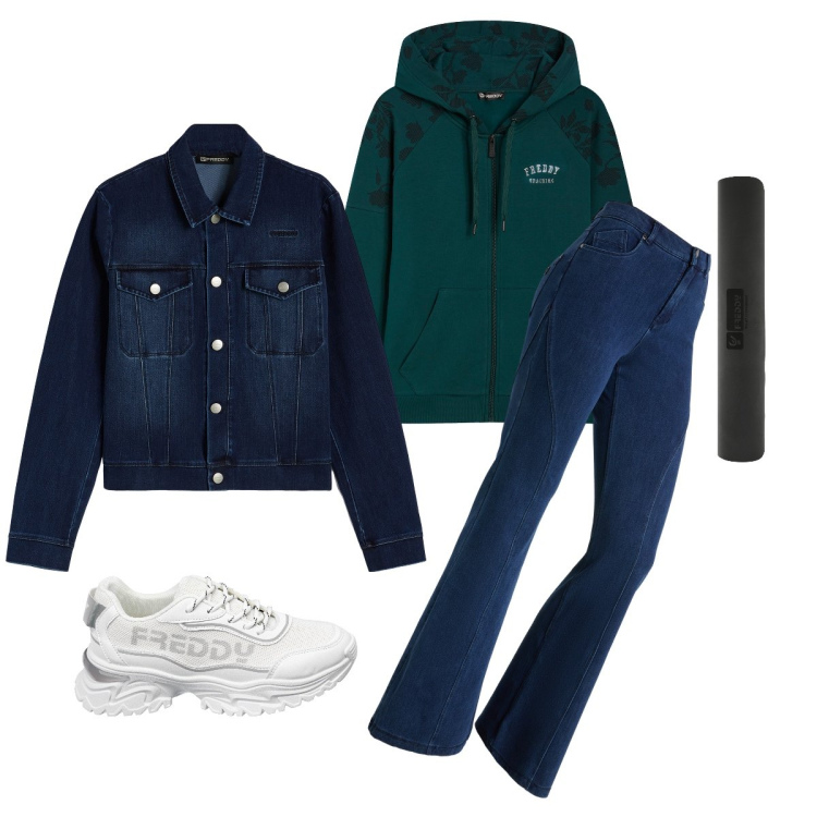 Outfit donna - Casual. Stile Casual per Tutti i giorni. Abbinamento con sneakers, felpe con cappuccio, blazer, jeans a zampa, borse a spalla.
