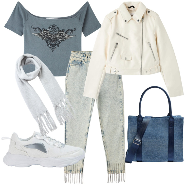 Outfit donna - Terranova saldi. Stile Casual per Tutti i giorni. Abbinamento con t-shirt, jeans mom, sneakers, cappotti, shopping bag, sciarpe.