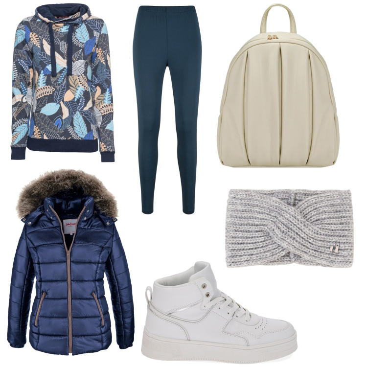 Outfit donna - Comoda e sportiva. Stile Basic per Tutti i giorni. Abbinamento con piumini, leggings, felpe, cappelli, sneakers alte, zaini.