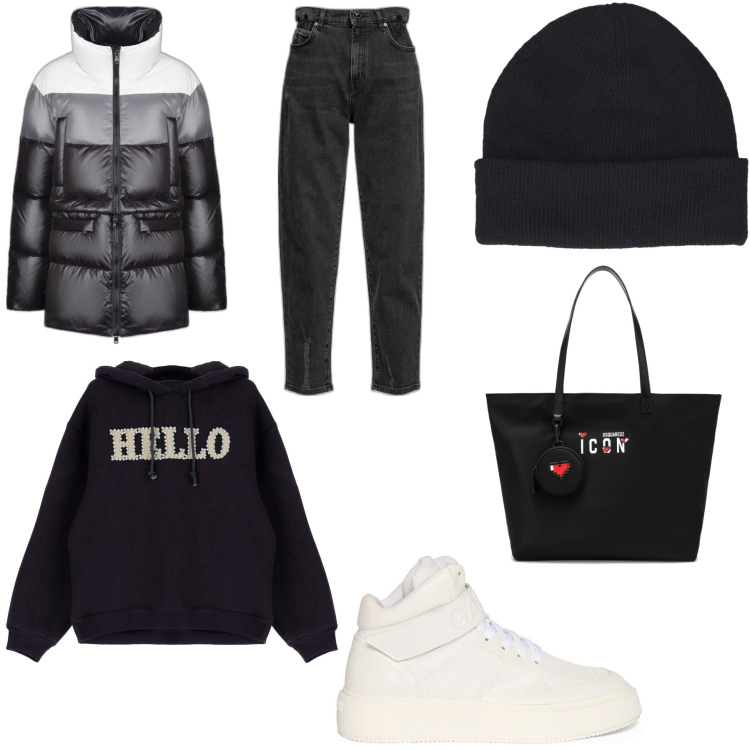 Outfit donna - Hello dixie. Stile Basic per Tutti i giorni. Abbinamento con jeans strappati, piumini, felpe con cappuccio, shopping bag, sneakers alte, cappelli.