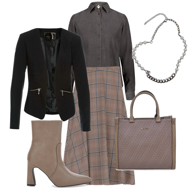 Outfit donna - Longuette a quadri. Stile Glamour per Ufficio. Abbinamento con blazer, gonne longuette, borse a mano, camicie, collane, stivaletti.