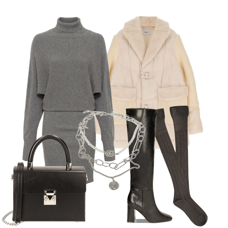 Outfit donna - Ghost outfitter - gennaio. Stile Trendy per Tutti i giorni. Abbinamento con vestiti, blazer, collant, stivali, borse a spalla, ciondoli.