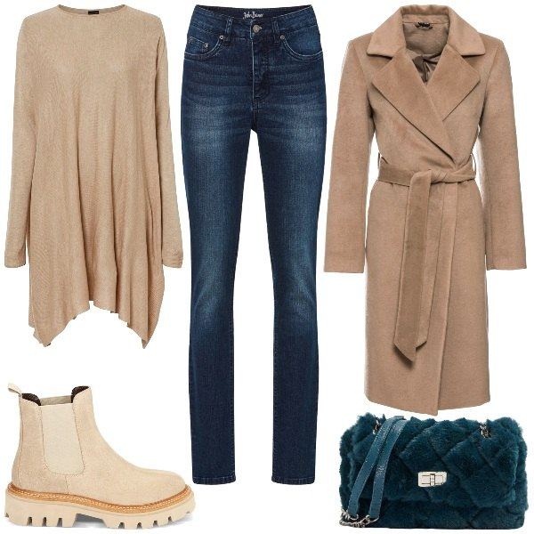 Outfit donna - Beige & Blue. Stile Basic per Tutti i giorni. Abbinamento con maglieria, jeans skinny, cappotti, borse a spalla, stivaletti chelsea.