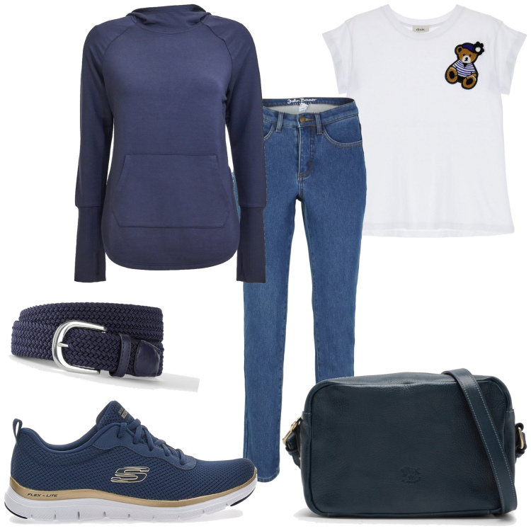 Outfit donna - Libertà in blu. Stile Casual per Tutti i giorni. Abbinamento con cinture, jeans, t-shirt, t-shirt, borse a tracolla, sneakers.