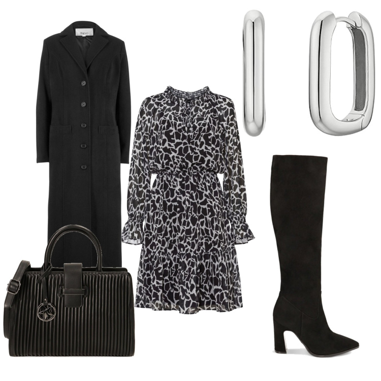 Outfit donna - Total look #1792726. Stile Casual chic per Serata fuori. Abbinamento con cappotti, vestiti corti, borse a mano, stivali sopra il ginocchio, orecchini.