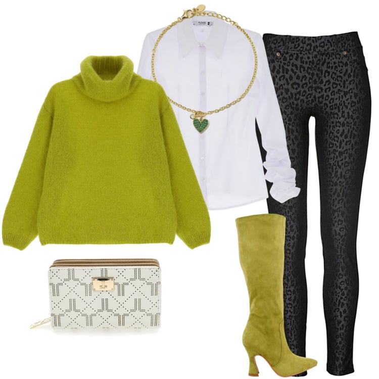 Outfit donna - Total look #1792732. Stile Casual chic per Tutti i giorni. Abbinamento con jeggings, braccialetti con ciondoli, camicie, maglieria, stivali, portafogli.