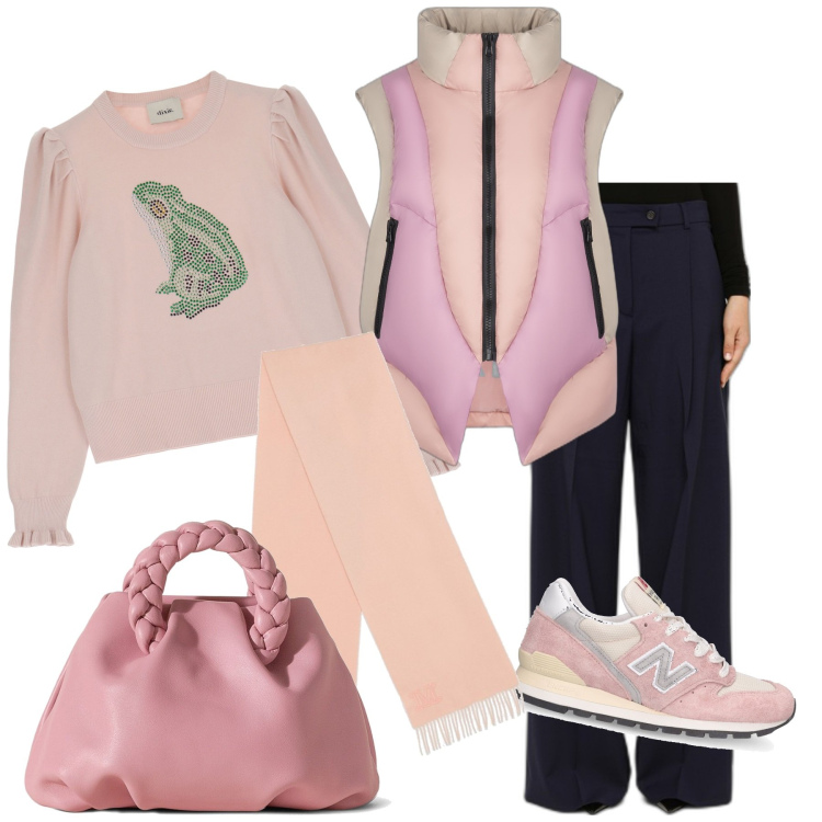 Outfit donna - Così comfort. Stile Casual per Tutti i giorni. Abbinamento con maglieria, piumini, sneakers, pantaloni a palazzo, borse a mano, sciarpe.