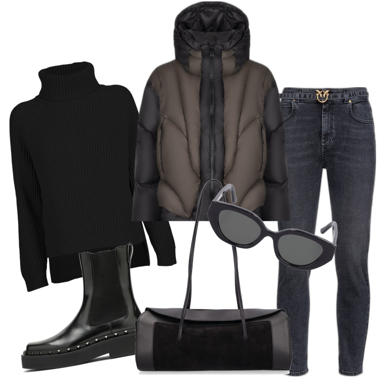 Outfit donna - Porto i miei all\'aeroporto. Stile Casual per Tutti i giorni. Abbinamento con jeans, piumini, occhiali da sole, stivaletti, maglieria, borse a spalla.