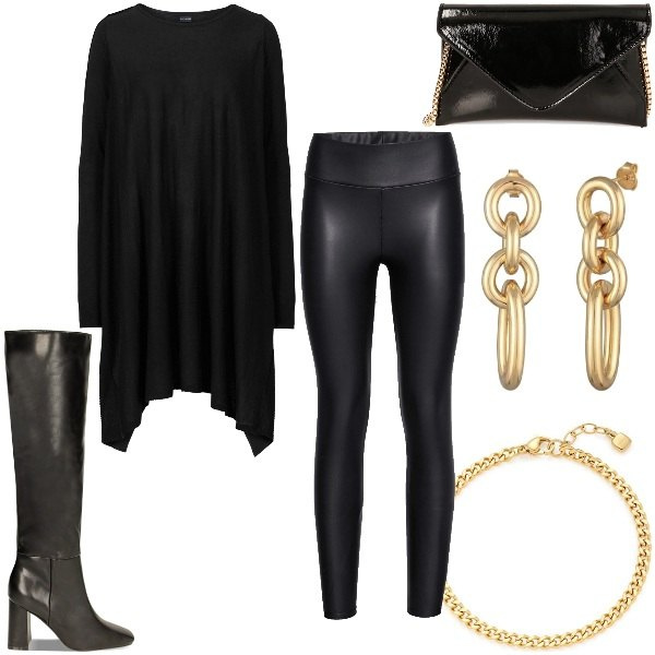 Outfit donna - Black and Gold. Stile Trendy per Serata fuori. Abbinamento con maglieria, leggings, stivali, borse a tracolla, braccialetti, orecchini.