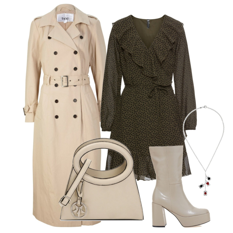 Outfit donna - Ghost outfitter - gennaio. Stile Glamour per Tutti i giorni. Abbinamento con vestiti, trench, borse a spalla, ciondoli, stivali.