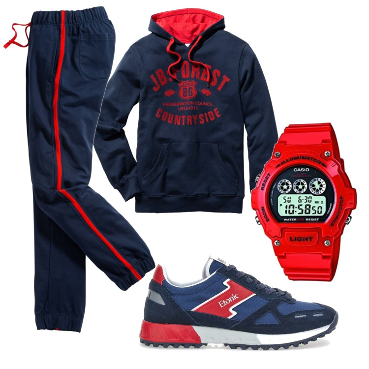 Outfit uomo - Total look #1792767. Stile Casual per Sport. Abbinamento con pantaloni, felpe con cappuccio, sneakers, orologio con cinturino.