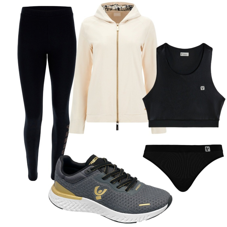 Outfit donna - Direzione palestra. Stile Sporty chic per Sport. Abbinamento con perizomi, top, felpe con cappuccio, leggings, sneakers.