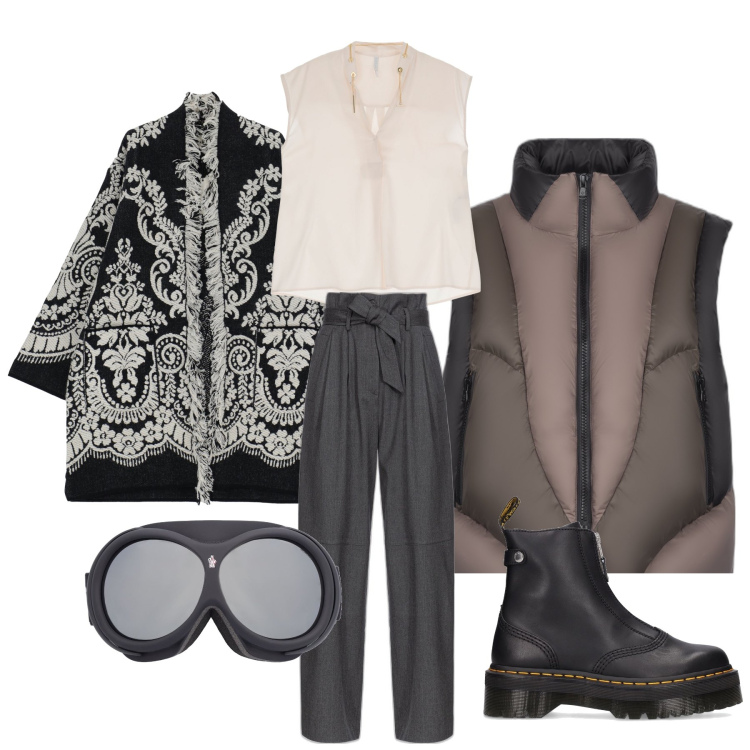 Outfit donna - Nō.1. per Tutti i giorni. Abbinamento con pantaloni, canottiere, cardigans, piumini, stivaletti, clutch.