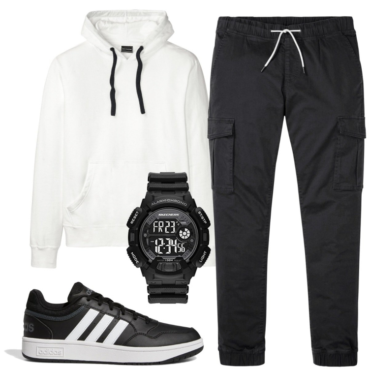 Outfit uomo - Total look #1792802. Stile Casual per Tutti i giorni. Abbinamento con felpe con cappuccio, pantaloni cargo, orologi digitali, sneakers.