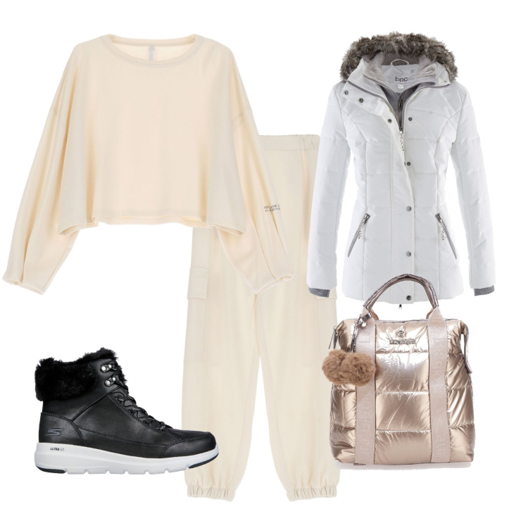 Outfit donna - Sportiva con stile. Stile Casual per Tutti i giorni. Abbinamento con piumini, pantaloni cargo, felpe, zaini, stivaletti.