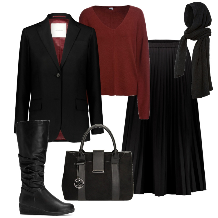 Outfit donna - In città. Stile Vintage retrò per Tutti i giorni. Abbinamento con sciarpe, stivali, maglieria, borse a mano, gonne lunghe, blazer.