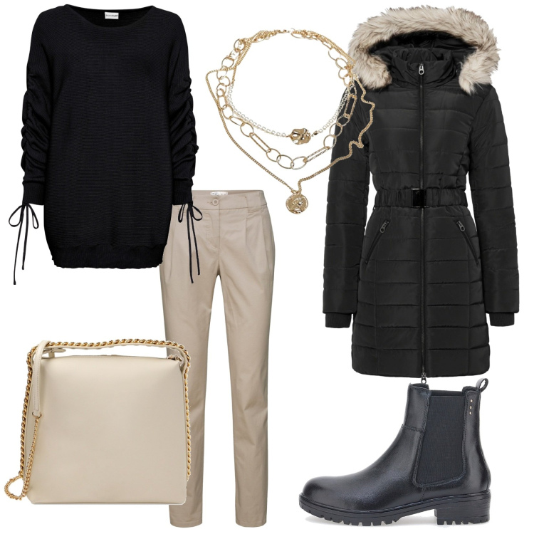 Outfit donna - Total look. Stile Casual per Tutti i giorni. Abbinamento con pantaloni chino, giacche, maglieria, borse a mano, stivaletti chelsea, ciondoli.