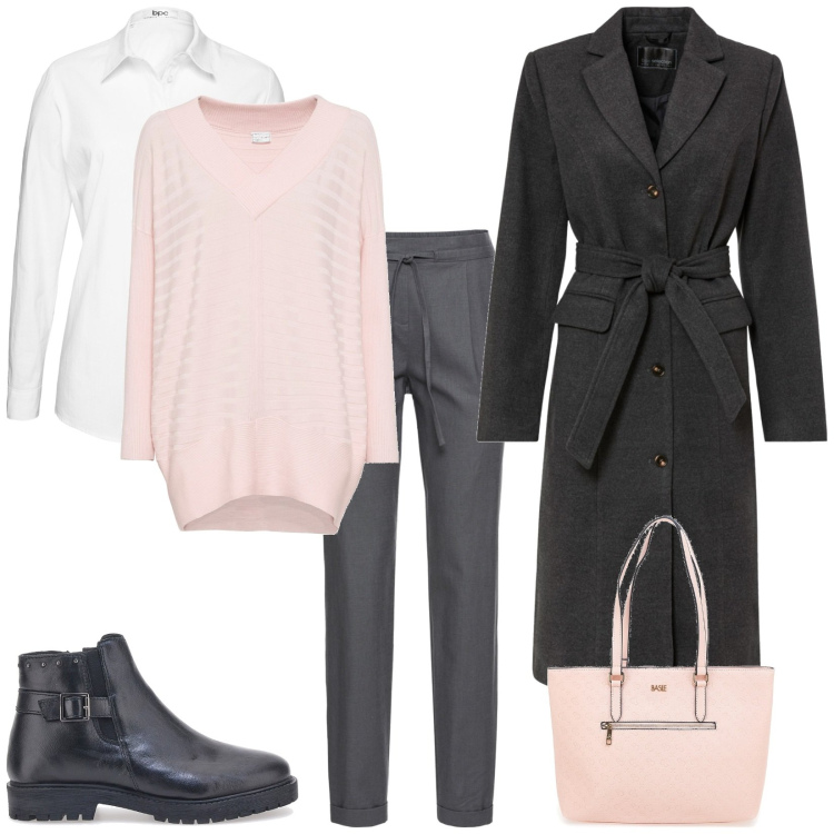 Outfit donna - In ufficio. Stile Casual per Ufficio. Abbinamento con pantaloni, camicie, maglieria, cappotti, stivaletti, borse a spalla.