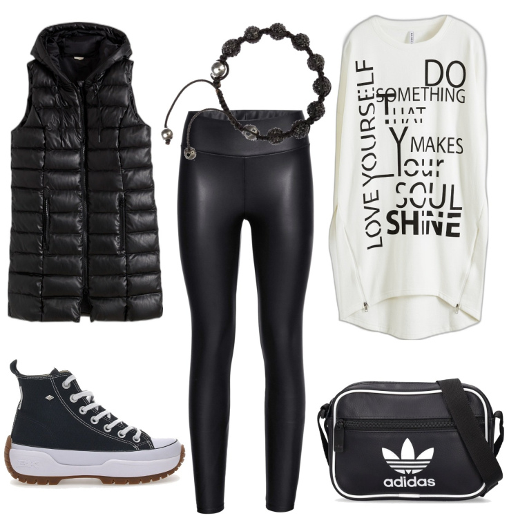 Outfit donna - Sportiva in bianco e nero. Stile Sporty chic per Tutti i giorni. Abbinamento con leggings, vestiti, gilet, sneakers, borse a spalla, braccialetti.