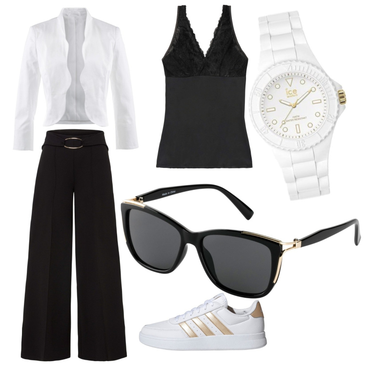 Outfit donna - Pomeriggio con amiche. Stile Casual Abbinamento con pantaloni a palazzo, blazer, top, occhiali da sole, sneakers, orologi.
