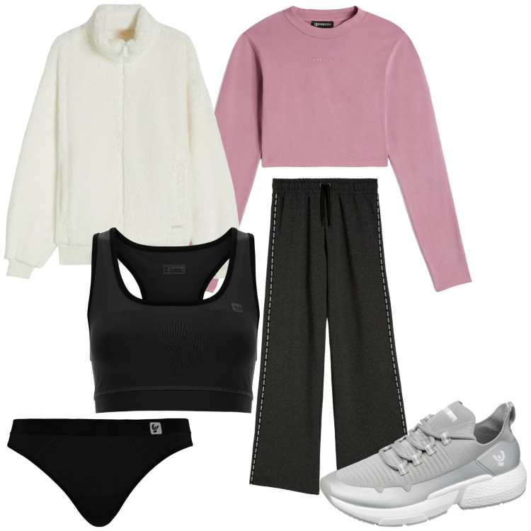 Outfit donna - A spasso col cane. Stile Sporty chic per Tutti i giorni. Abbinamento con perizomi, pantaloni a palazzo, blazer, reggiseni, maglieria, sneakers.