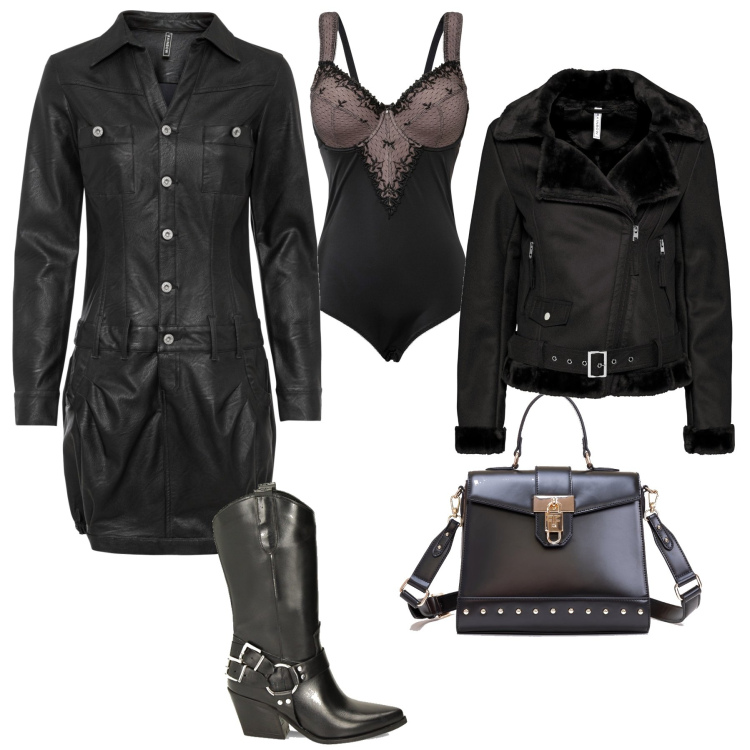 Outfit donna - Azzardata con stile. Stile Trendy per Serata fuori. Abbinamento con body, vestiti, cappotti, borse tote, stivaletti texani.