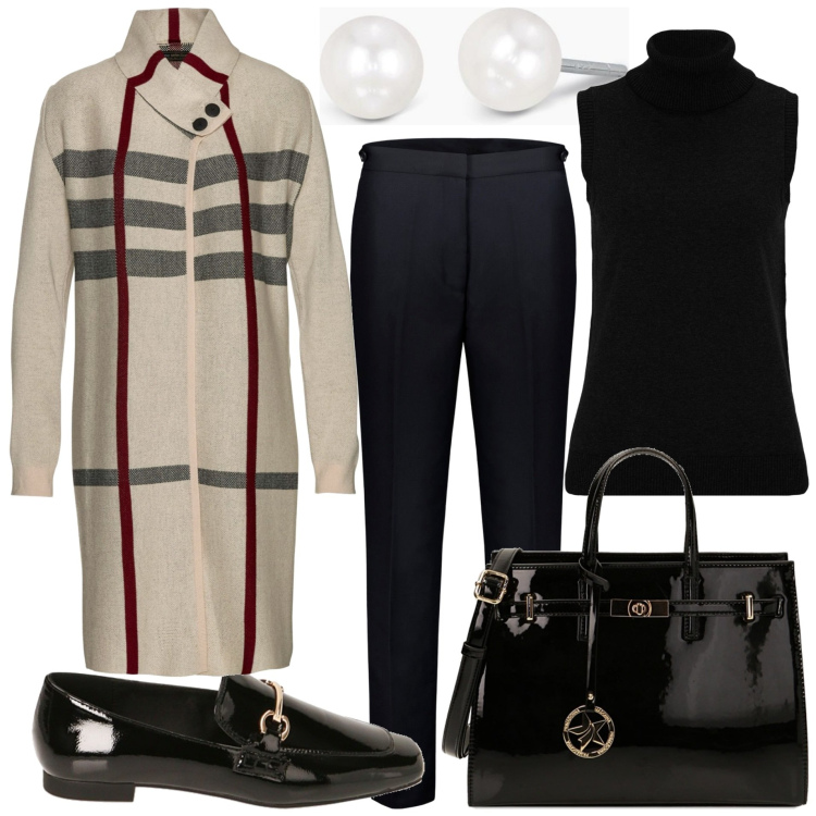 Outfit donna - Classico in ufficio. Stile Minimal per Ufficio. Abbinamento con cardigans, maglieria, orecchini, borse a mano, mocassini, pantaloni.