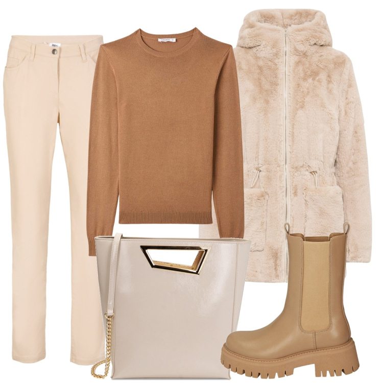 Outfit donna - Avvolgente. Stile Basic per Tutti i giorni. Abbinamento con ecopellicce, pantaloni, maglieria, stivaletti chelsea, borse a mano.
