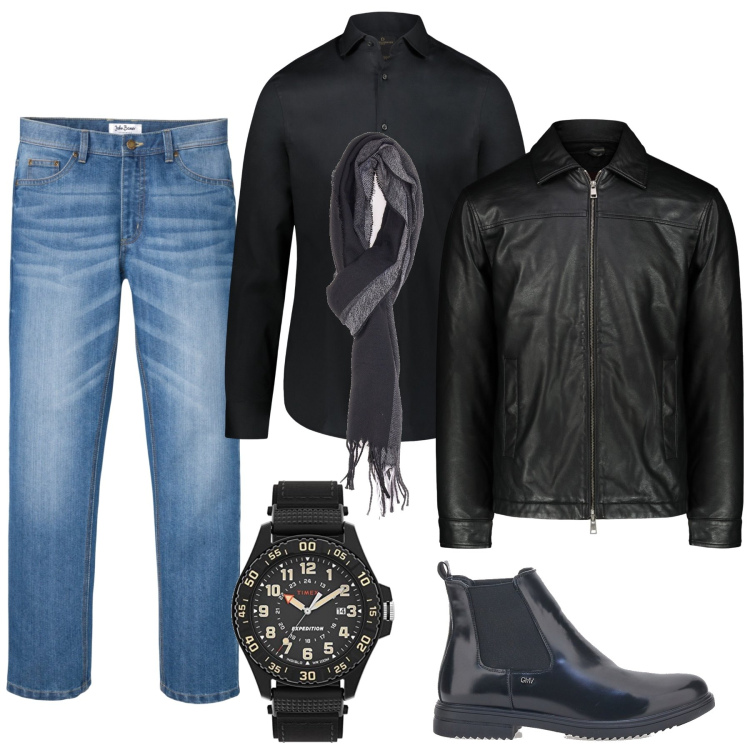 Outfit uomo - Un caffè con gli amici. Stile Trendy per Tutti i giorni. Abbinamento con jeans, camicie, stivali e stivaletti, orologi, giacche, sciarpe.