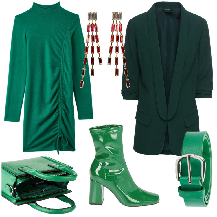 Outfit donna - Solo verde.. Stile Sexy per Serata fuori. Abbinamento con blazer, orecchini, borse a mano, vestiti corti, cinture, stivaletti.
