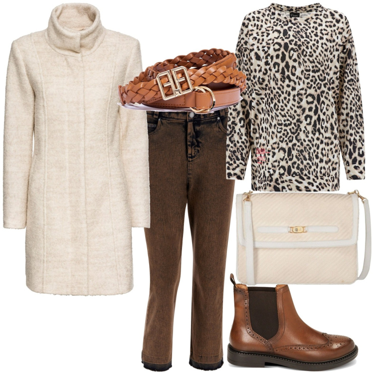 Outfit donna - In ufficio. Stile Casual per Ufficio. Abbinamento con cappotti, borse a tracolla, cinture, stivaletti chelsea, jeans dritti, felpe.