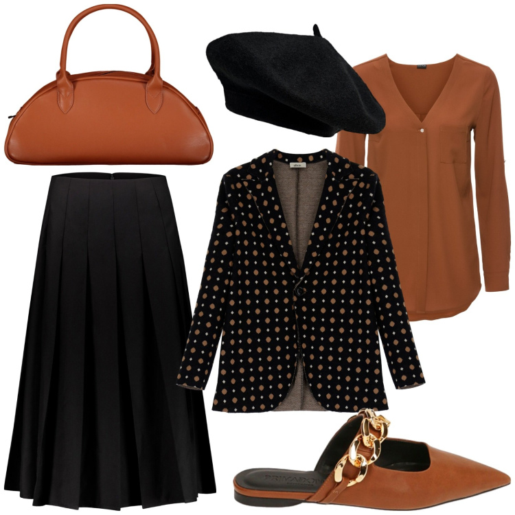 Outfit donna - Pois e basco parigino. Stile Romantica per Ufficio. Abbinamento con camicie, sabot, cappotti, gonne longuette, borse a spalla, cappelli e berretti.