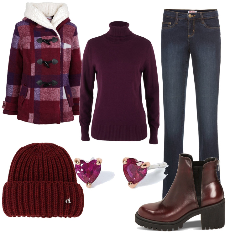 Outfit donna - Nei boschi. Stile Casual per Tutti i giorni. Abbinamento con maglieria, jeans bootcut, blazer, orecchini, stivaletti chelsea, berretti.