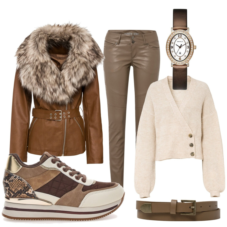 Outfit donna - Diritta all\'obiettivo. Stile Casual chic per Ufficio. Abbinamento con maglieria, pantaloni, blazer, cinture, sneakers, orologi analogici.