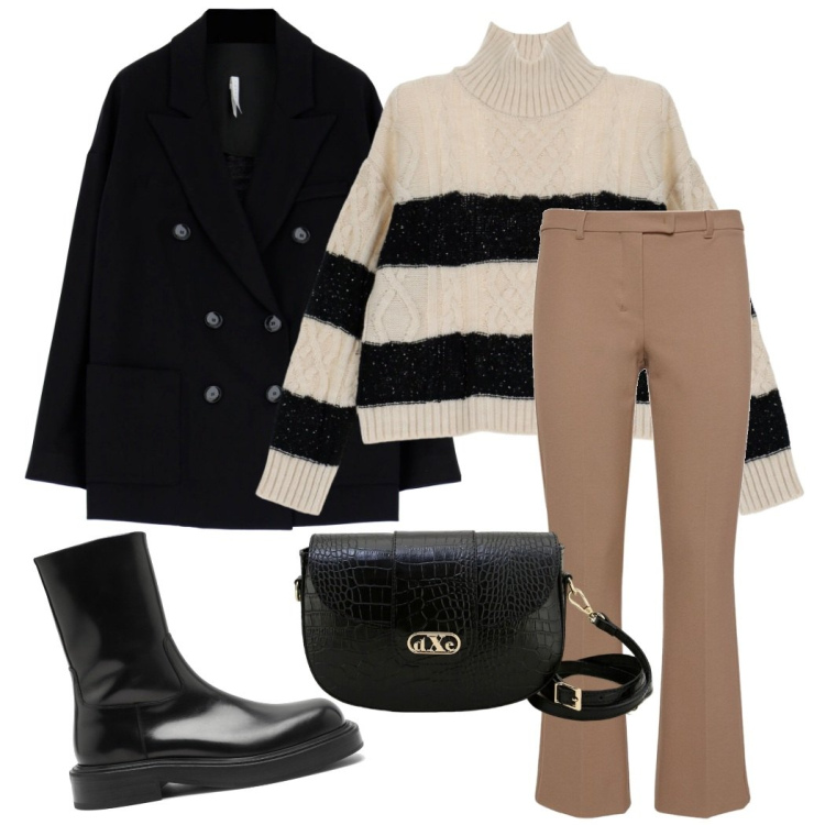 Outfit donna - Ufficio comodo. Stile Casual per Tutti i giorni. Abbinamento con cappotti, maglieria, pochette, pantaloni, stivaletti.
