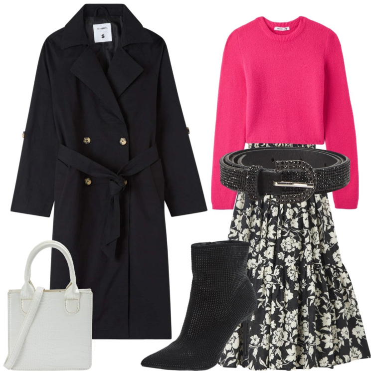 Outfit donna - Total look #1793024. Stile Casual chic per Tutti i giorni. Abbinamento con gonne lunghe, maglieria, trench, stivaletti, cinture, shopping bag.