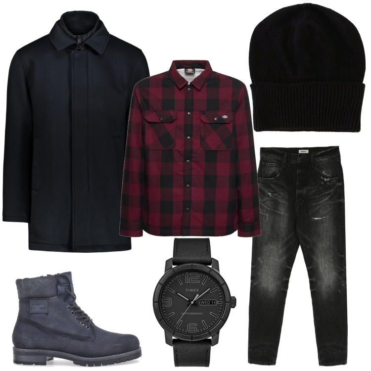 Outfit uomo - Camicia a quadri. Stile Trendy per Tutti i giorni. Abbinamento con jeans slim fit, berretti, cappotti, camicie, stivali e stivaletti, orologi analogici.